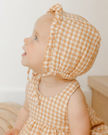 Quincy Mae Woven Ruffle Bonnet, Melon Gingham